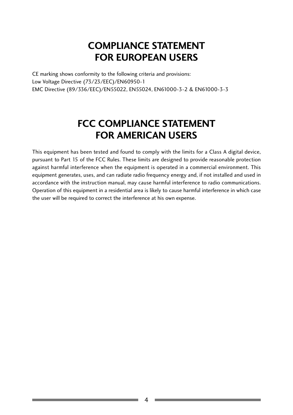 Compliance statement for european users, Fcc compliance statement for american users | Citizen Systems Citizen CLP 621 CLP-621 User Manual | Page 4 / 60