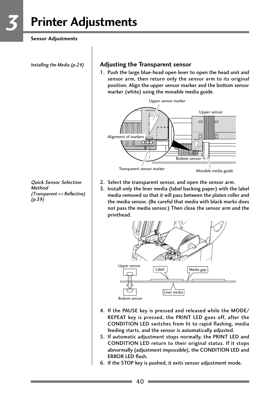 Adjusting the transparent type sensor, Adjusting the transparent sensor (p.40), Printer adjustments | Citizen Systems Citizen CLP 621 CLP-621 User Manual | Page 40 / 60