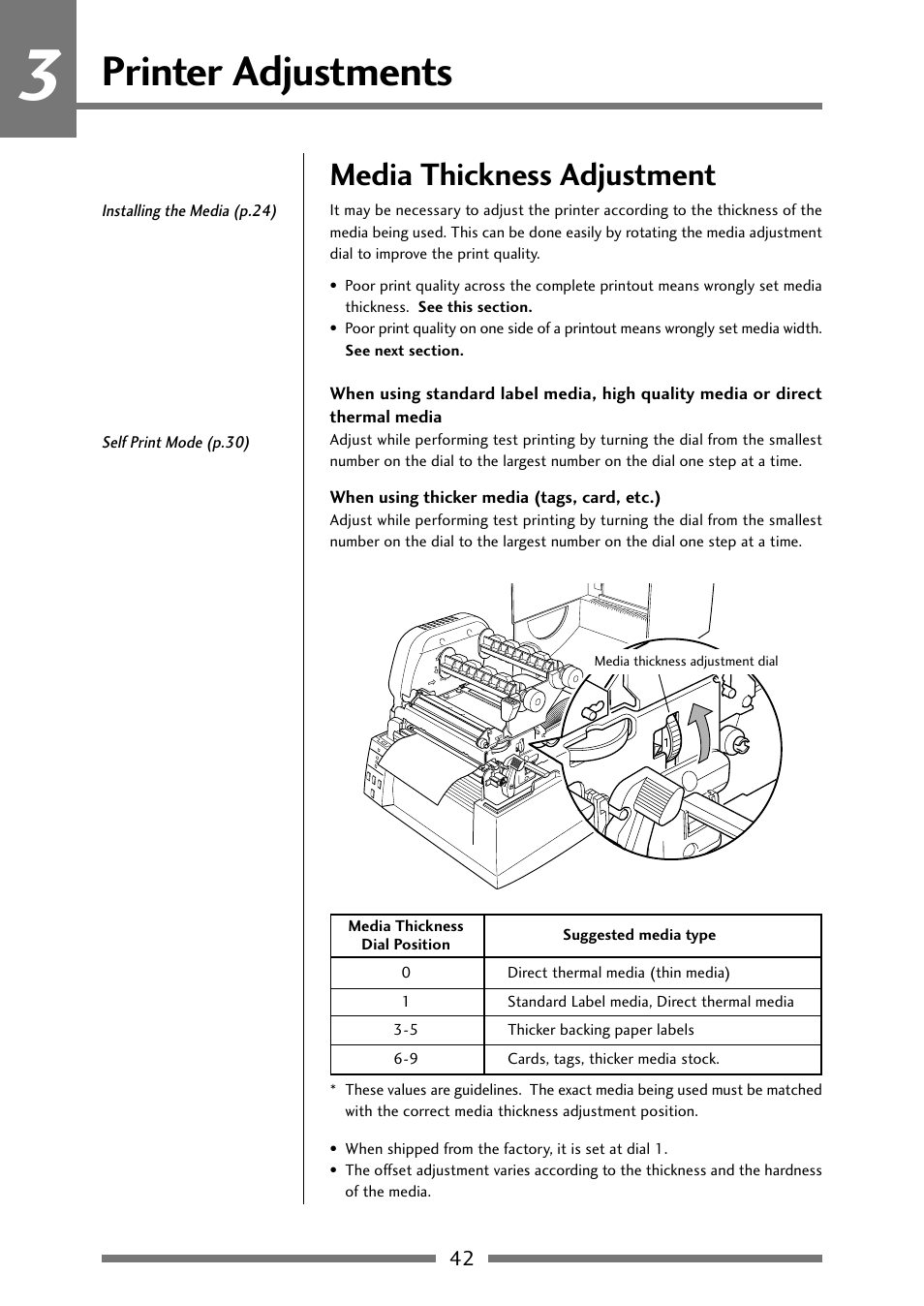 Media thickness adjustment, Media thickness adjustment (p.42), Printer adjustments | Citizen Systems Citizen CLP 621 CLP-621 User Manual | Page 42 / 60