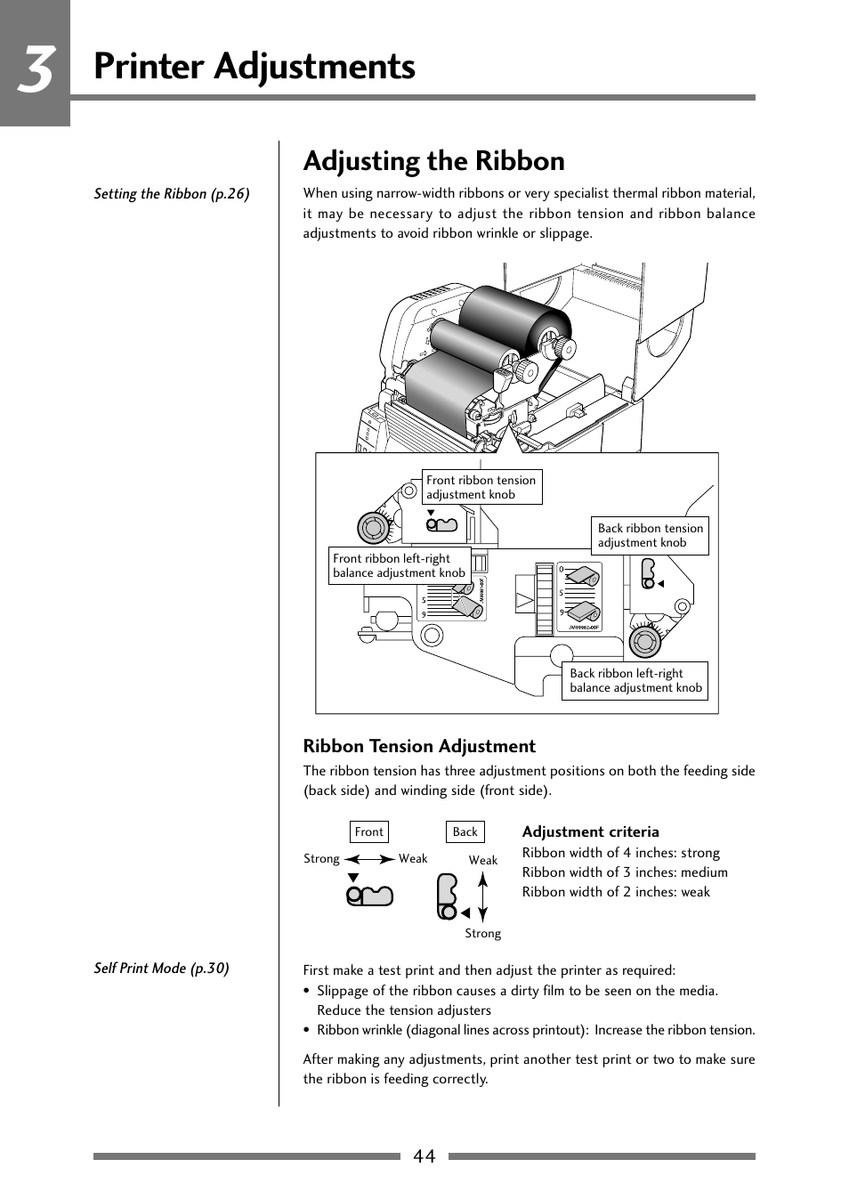 Adjusting the ribbon, Ribbon tension adjustment, Ribbon tension adjustment (p.44) | Printer adjustments | Citizen Systems Citizen CLP 621 CLP-621 User Manual | Page 44 / 60