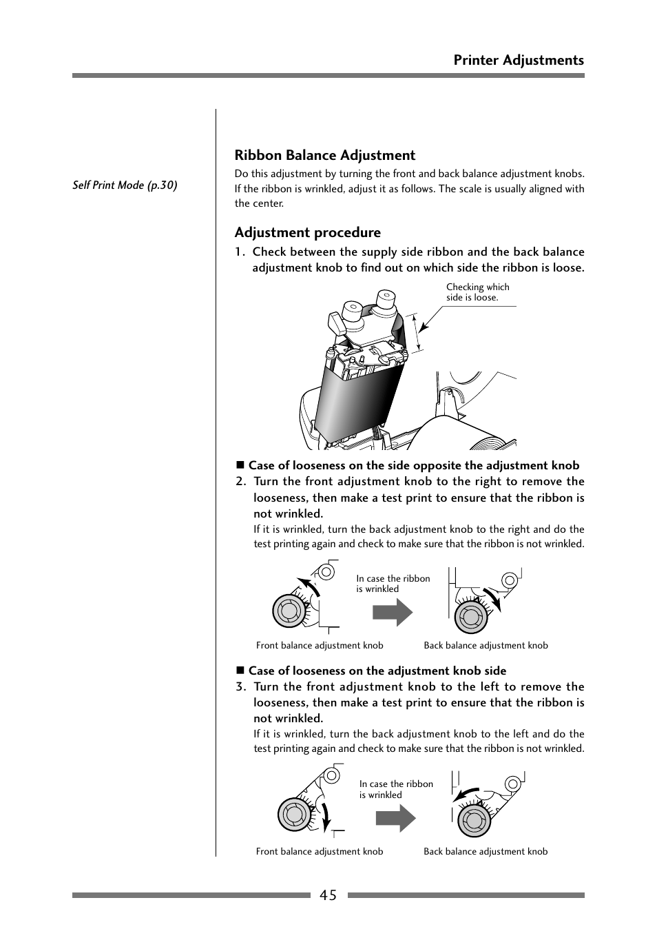 Ribbon balance adjustment, Ribbon balance adjustment (p.45), 45 printer adjustments ribbon balance adjustment | Adjustment procedure | Citizen Systems Citizen CLP 621 CLP-621 User Manual | Page 45 / 60