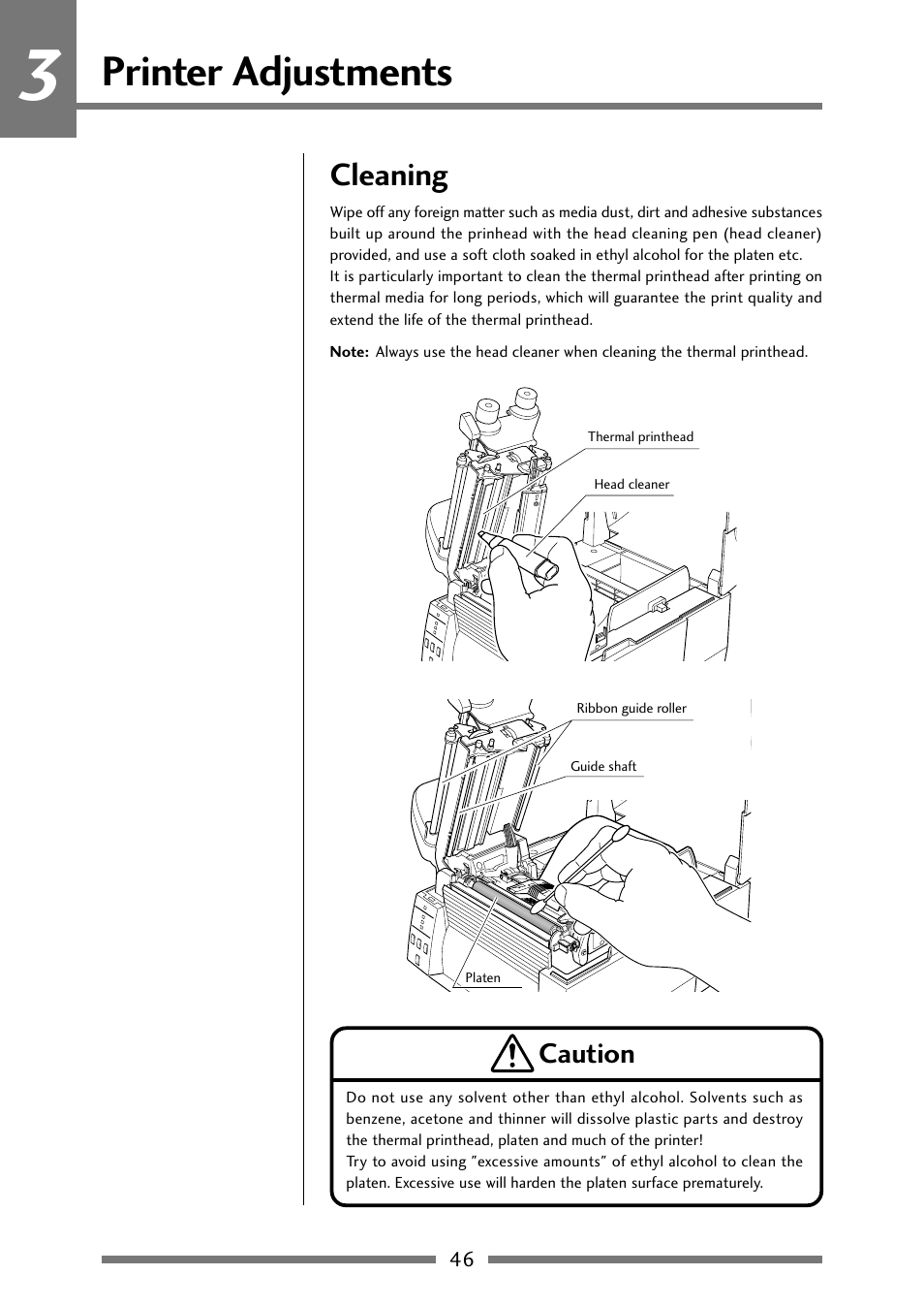 Cleaning, Printer adjustments, Caution | Citizen Systems Citizen CLP 621 CLP-621 User Manual | Page 46 / 60