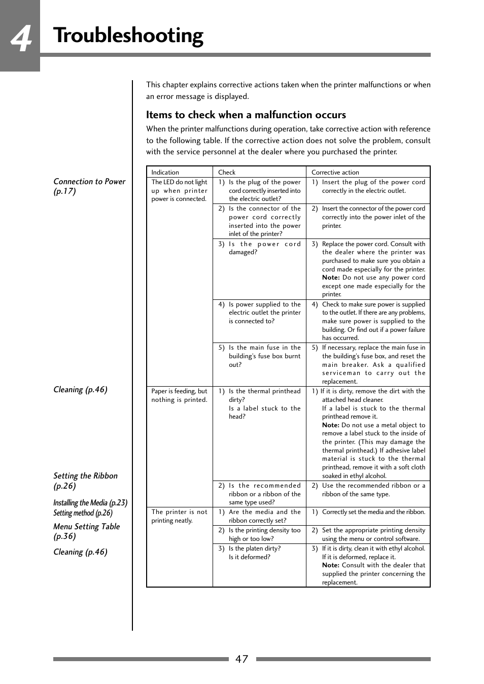 Troubleshooting, Chapter 4 troubleshooting, 47 troubleshooting | Items to check when a malfunction occurs | Citizen Systems Citizen CLP 621 CLP-621 User Manual | Page 47 / 60