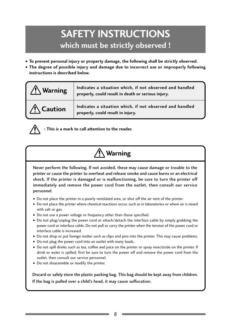 Safety instructions, Which must be strictly observed, Caution | Warning | Citizen Systems Citizen CLP 621 CLP-621 User Manual | Page 8 / 60