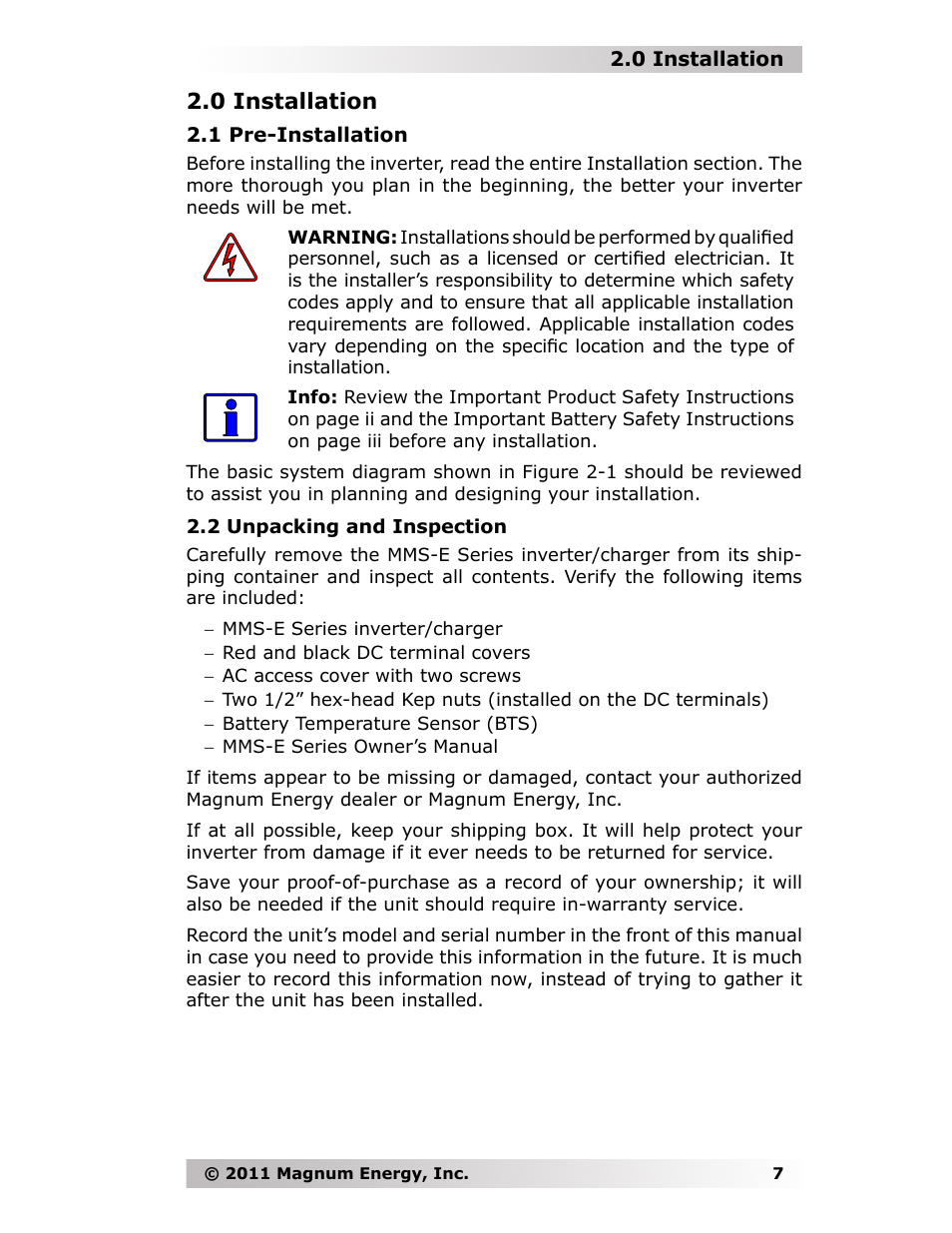 0 installation | Magnum Energy MMS-E Series User Manual | Page 14 / 51