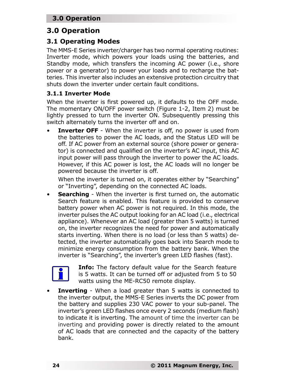 0 operation | Magnum Energy MMS-E Series User Manual | Page 31 / 51