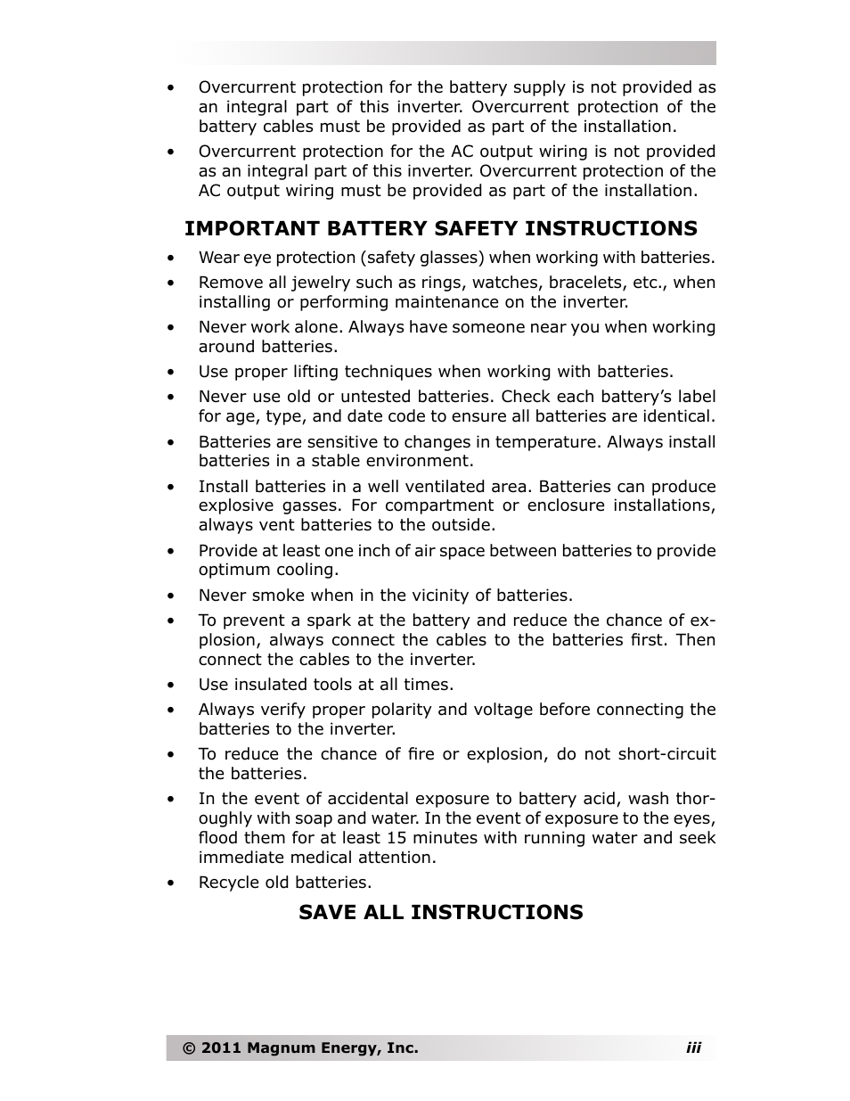 Important battery safety instructions, Save all instructions | Magnum Energy MMS-E Series User Manual | Page 4 / 51