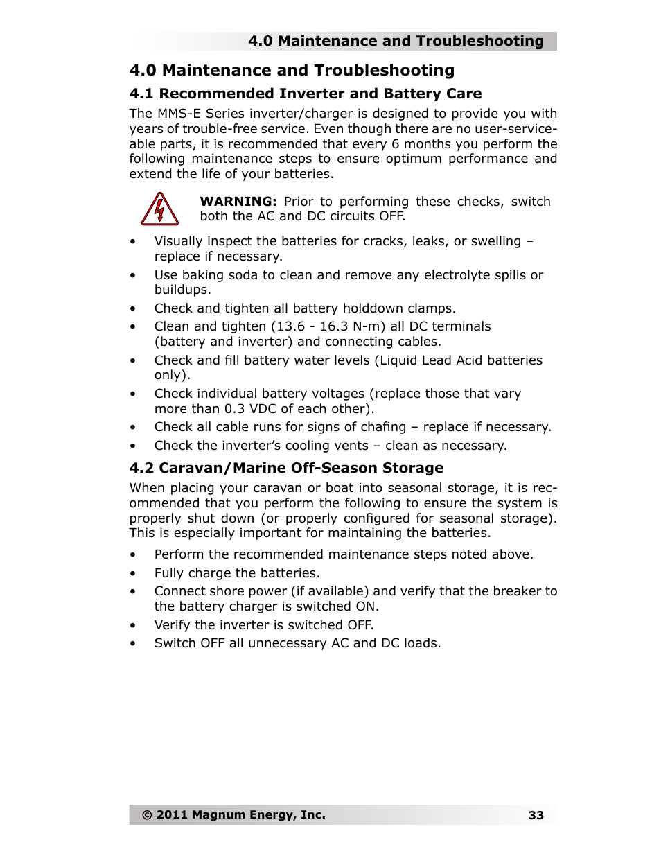 0 maintenance and troubleshooting | Magnum Energy MMS-E Series User Manual | Page 40 / 51