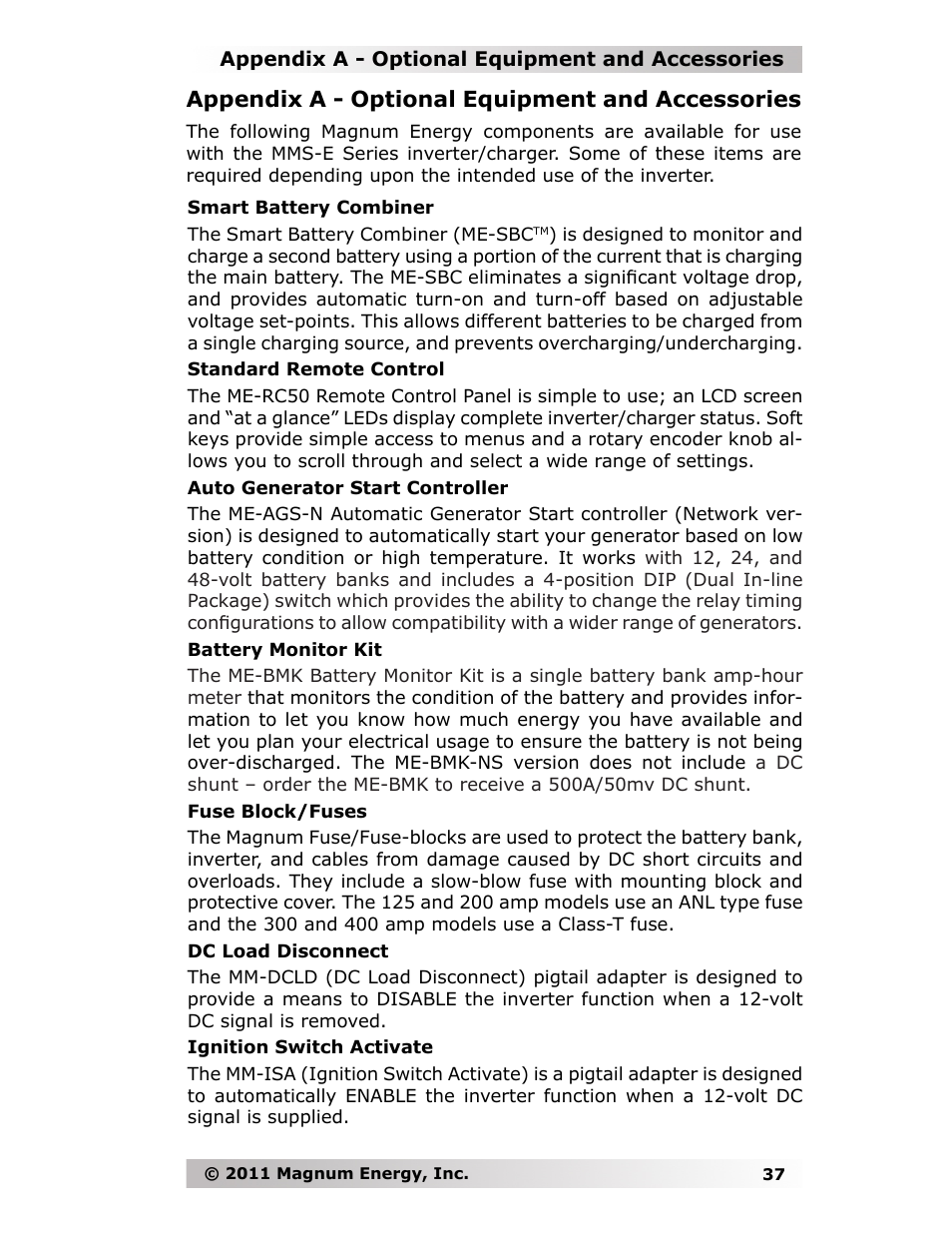 Appendix a - optional equipment and accessories | Magnum Energy MMS-E Series User Manual | Page 44 / 51