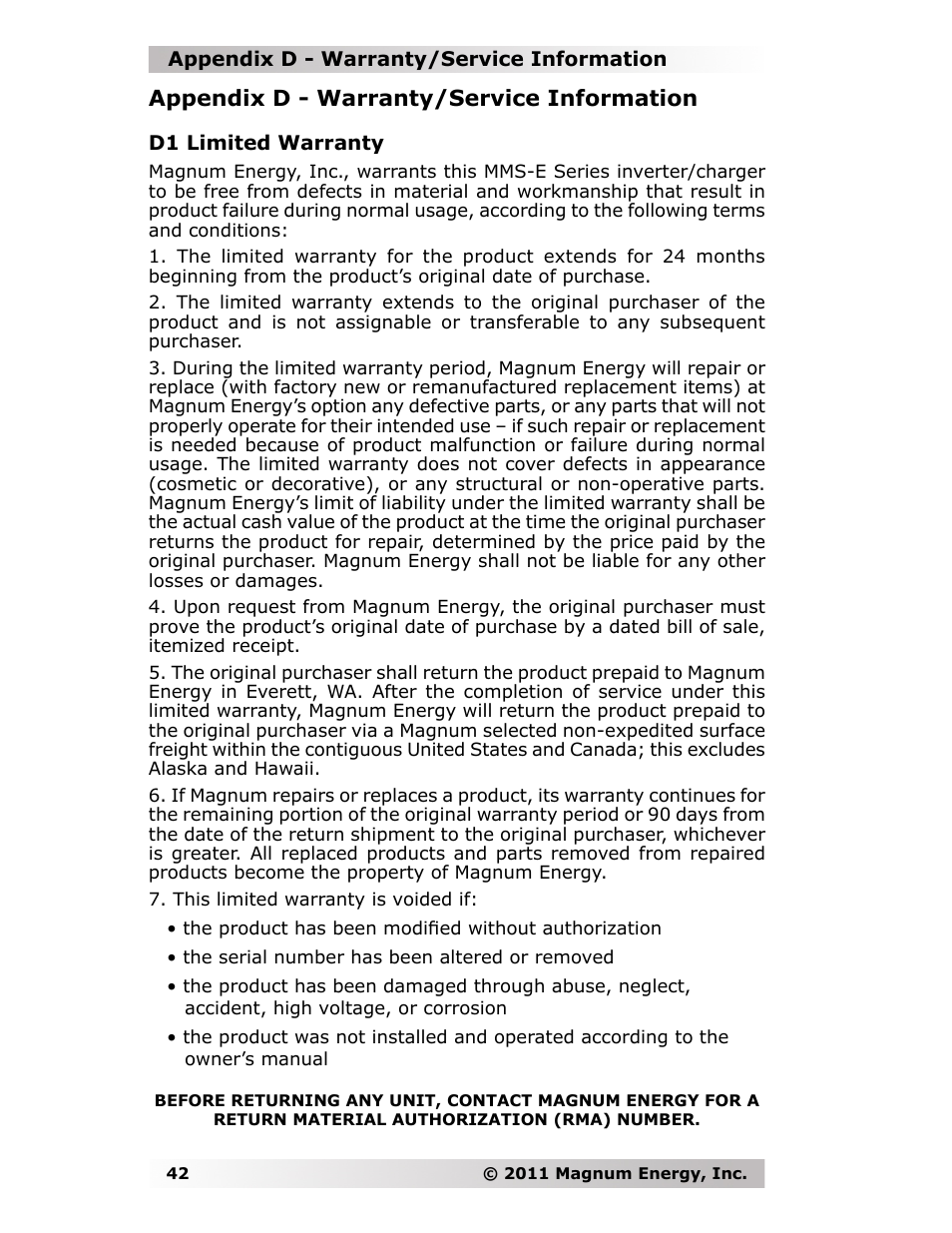 Appendix d - warranty/service information | Magnum Energy MMS-E Series User Manual | Page 49 / 51