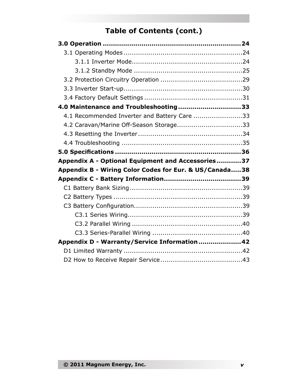 Table of contents (cont.) | Magnum Energy MMS-E Series User Manual | Page 6 / 51