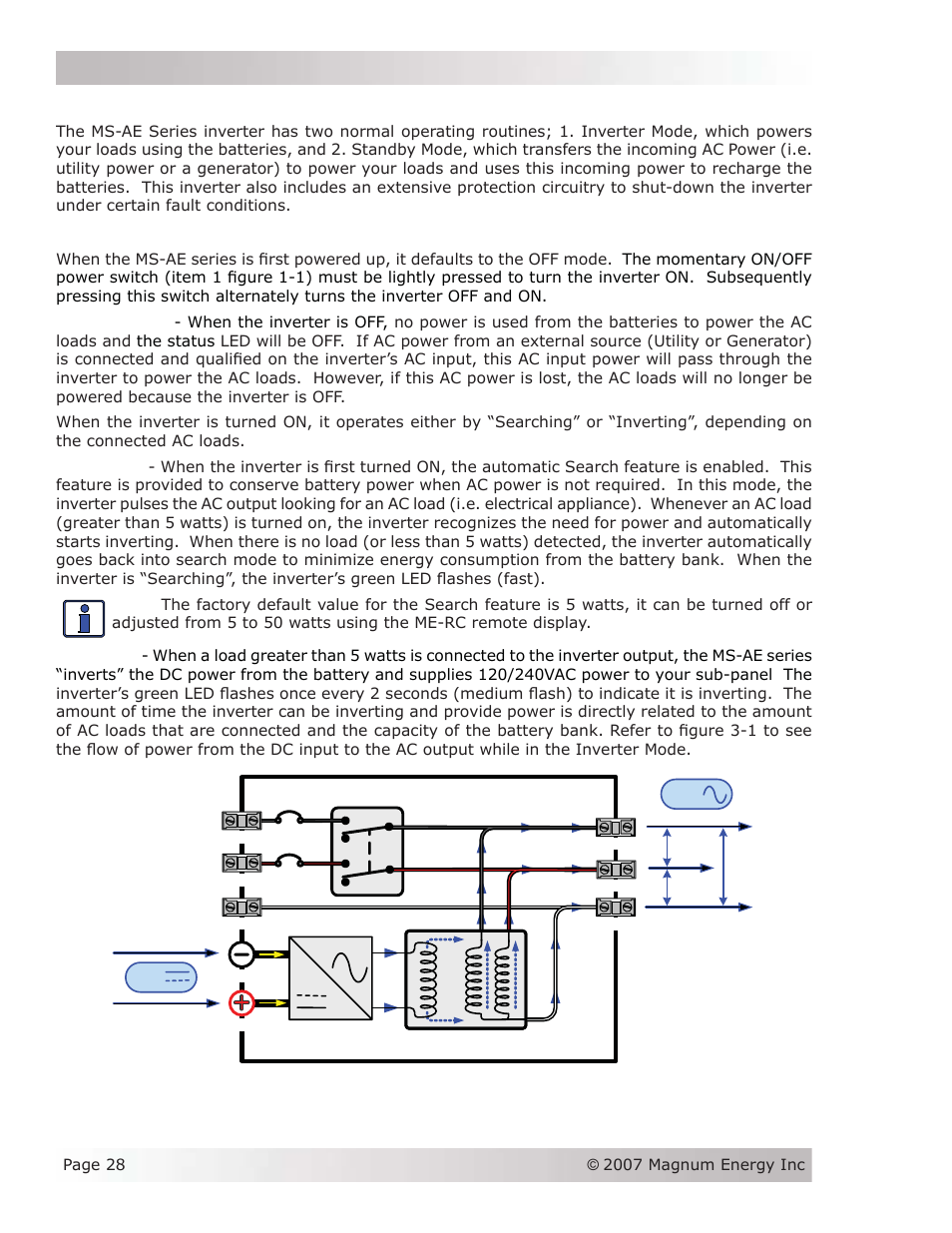 Operation, 0 operation, 1 inverter mode | Magnum Energy MS-AEJ Series User Manual | Page 34 / 52