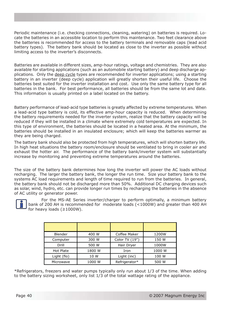 Appendix b - battery information | Magnum Energy MS-AEJ Series User Manual | Page 46 / 52