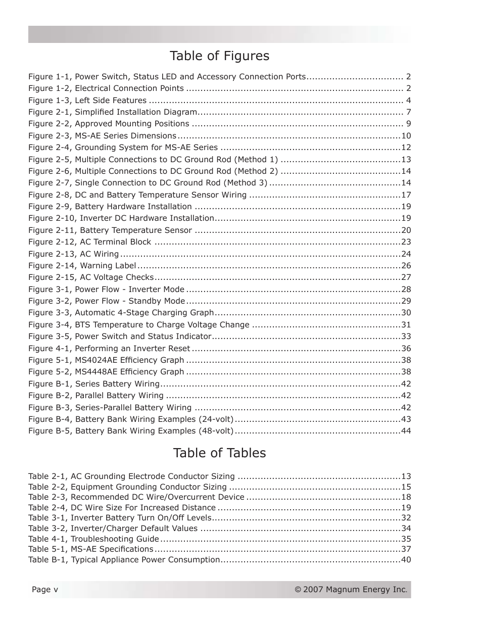 Table of figures, Table of tables | Magnum Energy MS-AEJ Series User Manual | Page 6 / 52