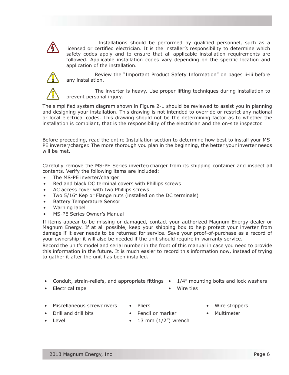 0 installation, 1 pre-installation | Magnum Energy MS-PE Series User Manual | Page 13 / 64