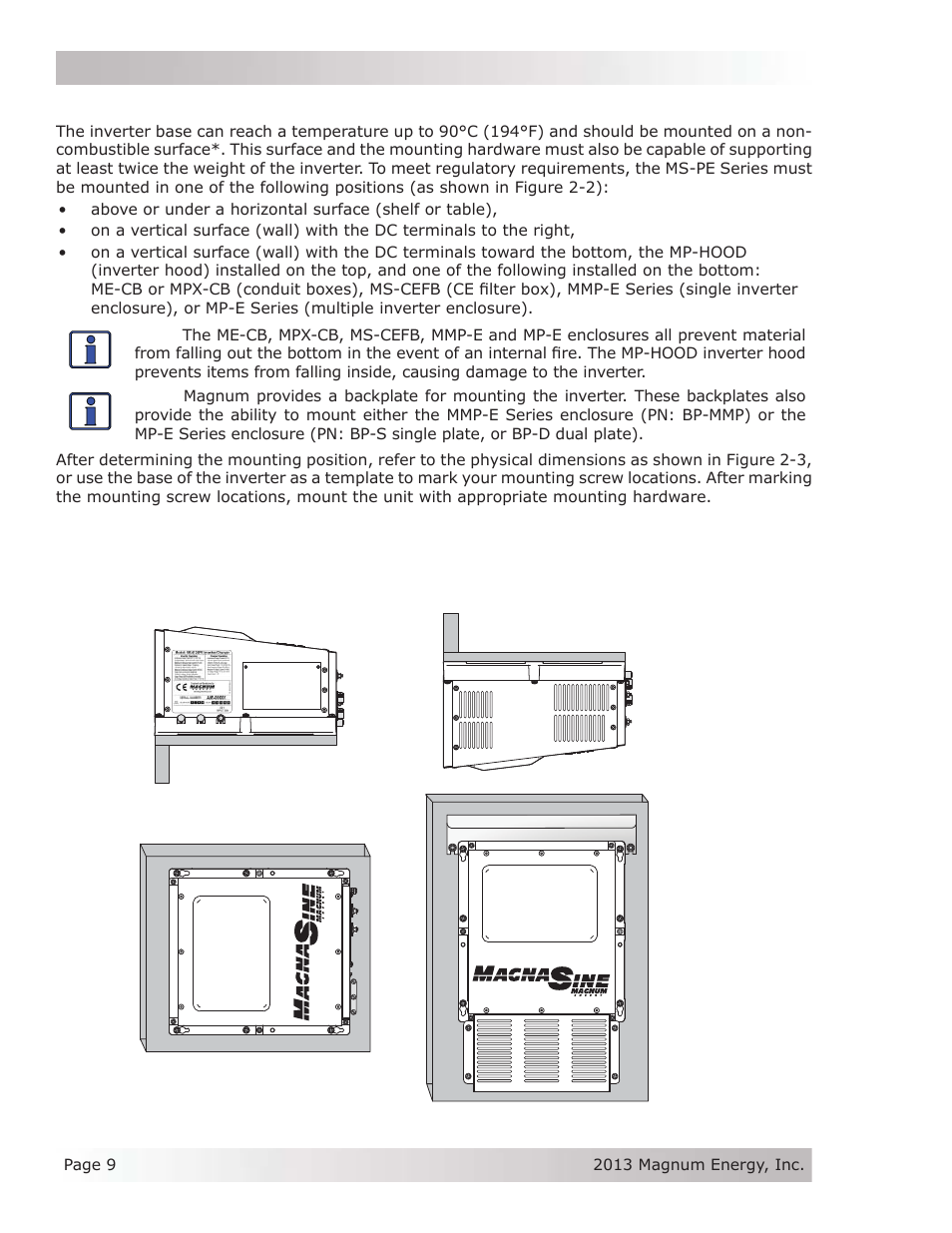 2 mounting the inverter, Installation 2.2 mounting the inverter, Figure 2-2, approved mounting positions | Magnum Energy MS-PE Series User Manual | Page 16 / 64