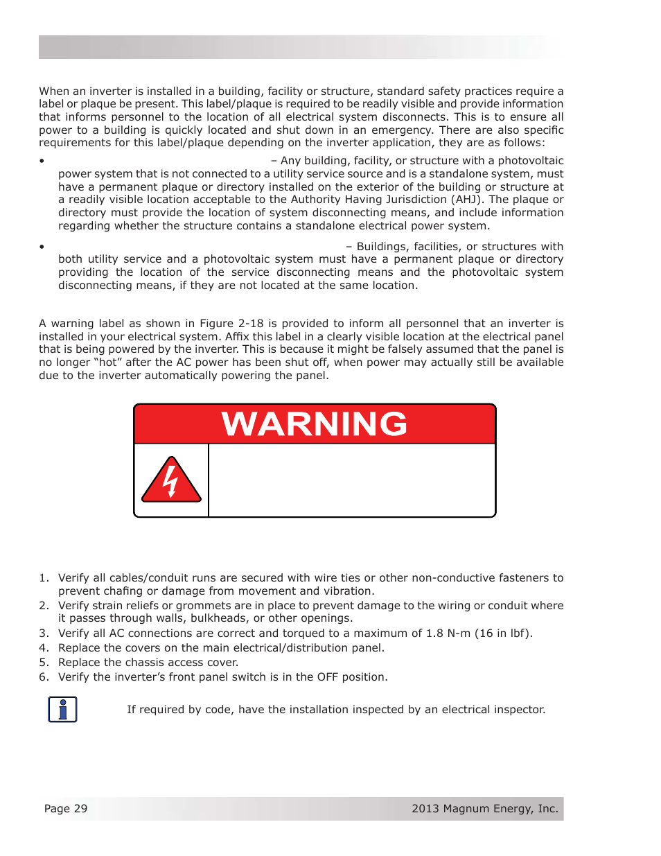 7 inverter notifi cation requirements, 8 final inspection | Magnum Energy MS-PE Series User Manual | Page 36 / 64