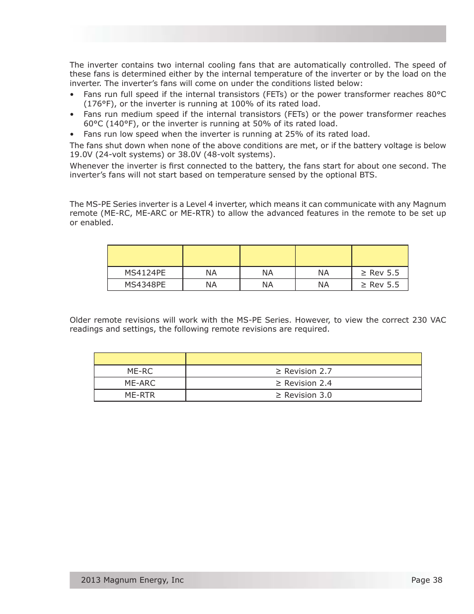 9 inverter fan operation, 10 using a remote with the ms-pe series inverter | Magnum Energy MS-PE Series User Manual | Page 45 / 64