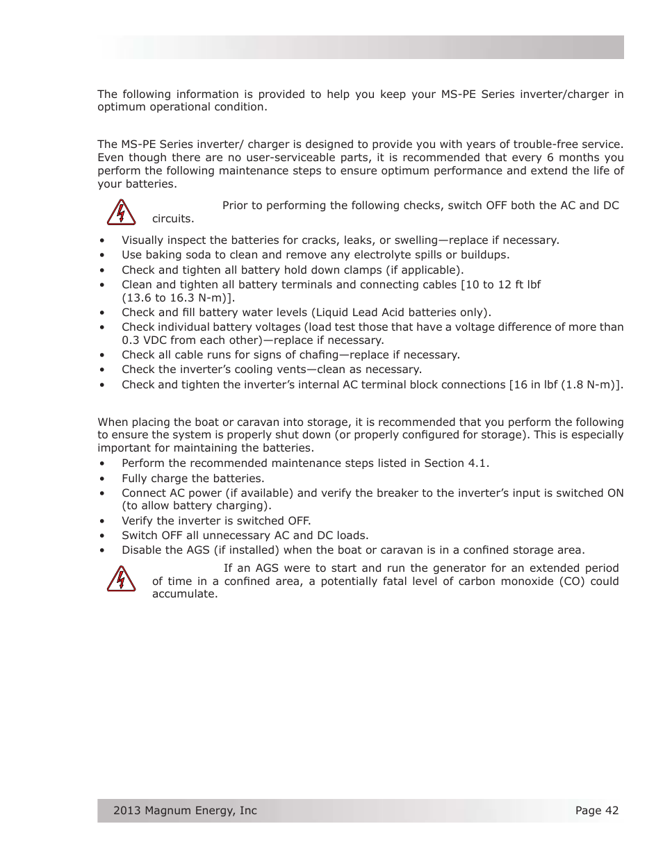 0 maintenance and troubleshooting, 1 recommended inverter and battery care, 2 storage for mobile installations | Magnum Energy MS-PE Series User Manual | Page 49 / 64