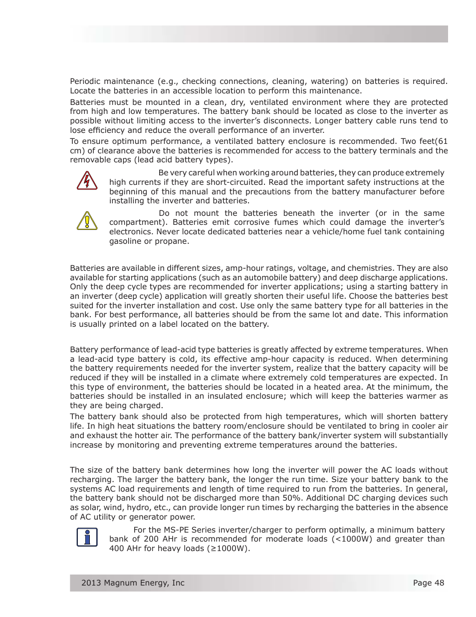 Appendix b - battery information, B-1 battery location, B-2 battery types | B-3 battery temperature, B-4 battery bank sizing | Magnum Energy MS-PE Series User Manual | Page 55 / 64