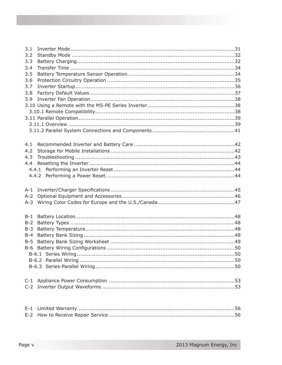 Table of contents (cont.) | Magnum Energy MS-PE Series User Manual | Page 6 / 64