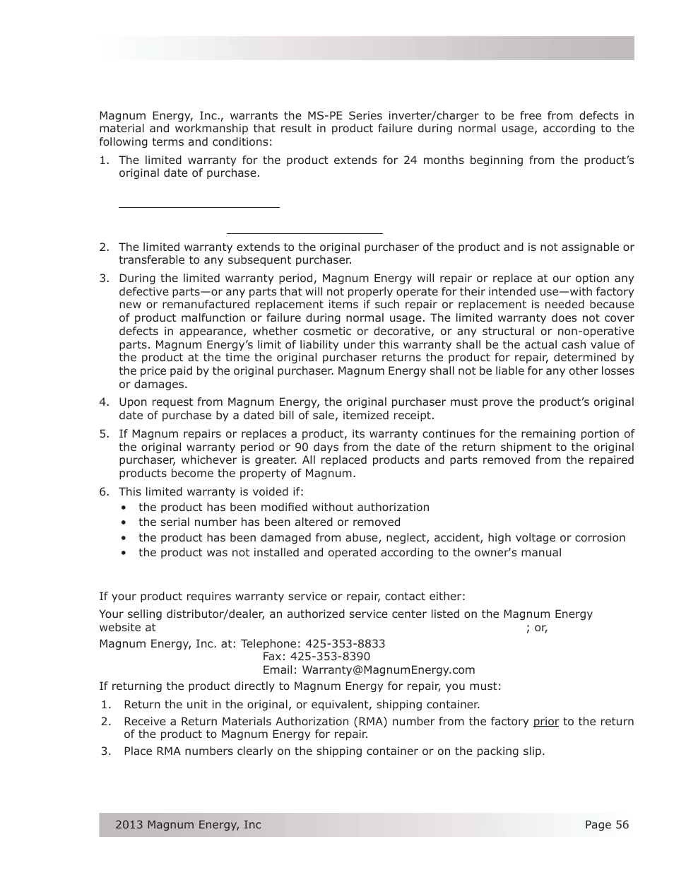 Appendix e – warranty and service information, E-1 limited warranty, E-2 how to receive repair service | Magnum Energy MS-PE Series User Manual | Page 63 / 64