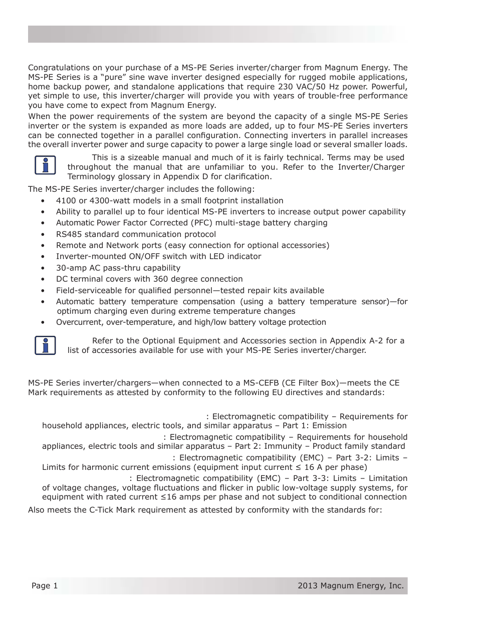 0 introduction, 1 regulatory compliance | Magnum Energy MS-PE Series User Manual | Page 8 / 64