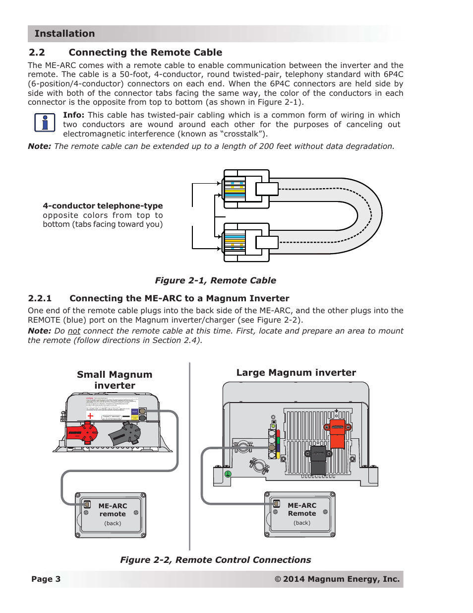 2 connecting the remote cable, 1 connecting the me-arc to a magnum inverter | Magnum Energy ME-ARC Remote User Manual | Page 10 / 139