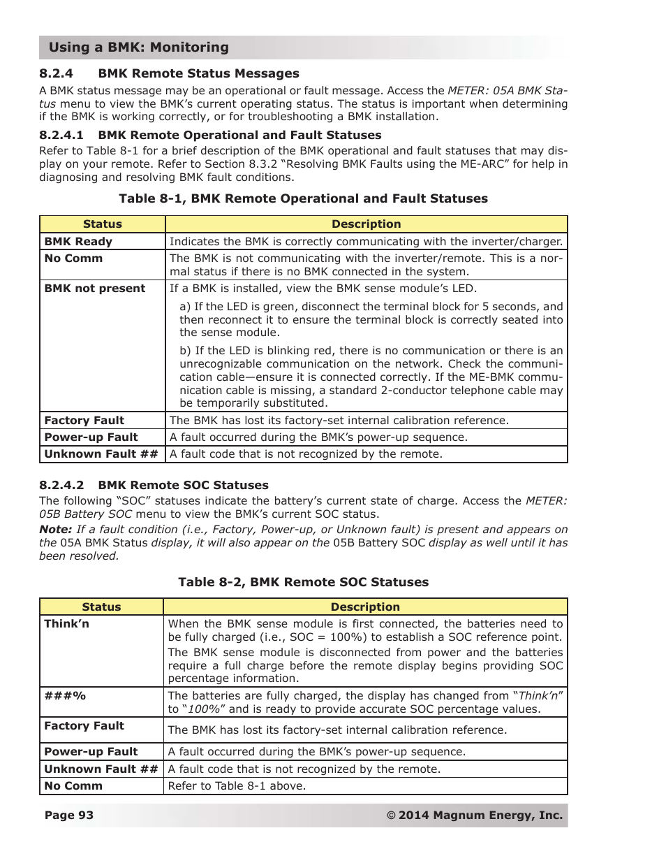 4 bmk remote status messages, 1 bmk remote operational and fault statuses, 2 bmk remote soc statuses | Magnum Energy ME-ARC Remote User Manual | Page 100 / 139