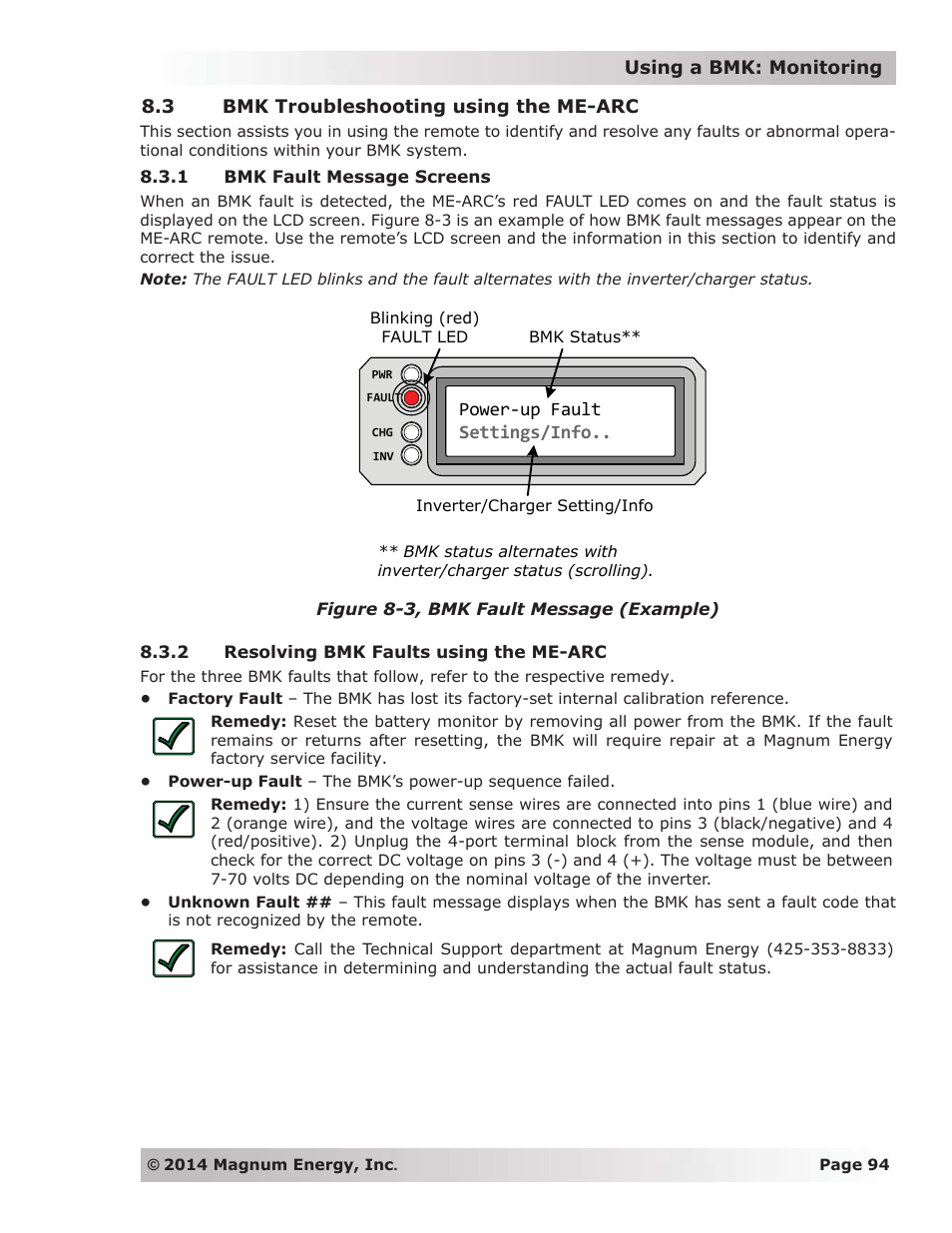 3 bmk troubleshooting using the me-arc, 1 bmk fault message screens, 2 resolving bmk faults using the me-arc | Power-up fault settings/info | Magnum Energy ME-ARC Remote User Manual | Page 101 / 139