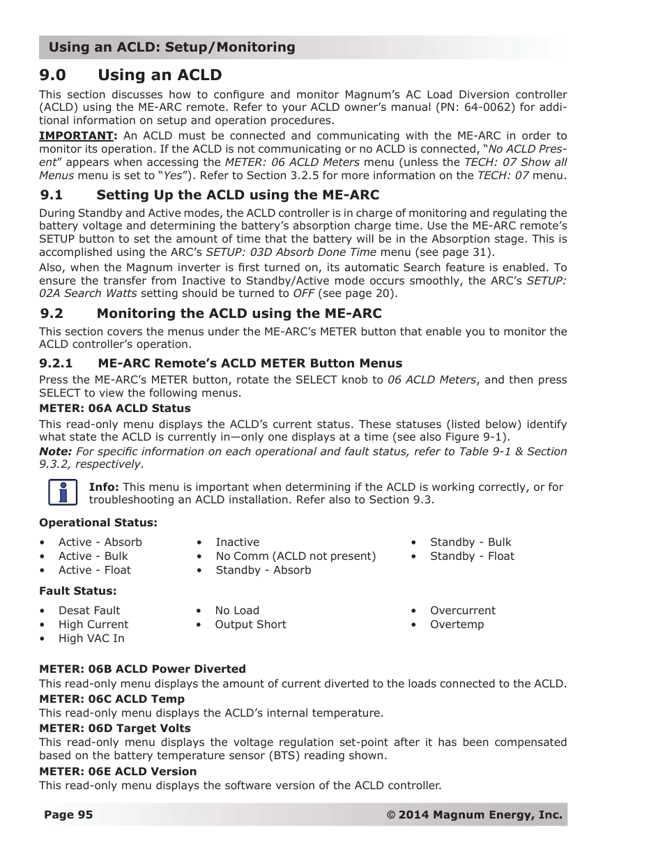 0 using an acld, 1 setting up the acld using the me-arc, 2 monitoring the acld using the me-arc | 1 me-arc remote’s acld meter button menus | Magnum Energy ME-ARC Remote User Manual | Page 102 / 139