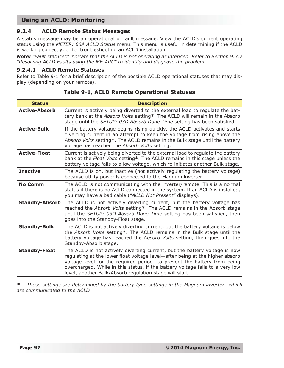 4 acld remote status messages, 1 acld remote statuses | Magnum Energy ME-ARC Remote User Manual | Page 104 / 139