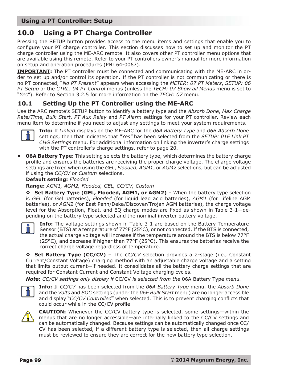 0 using a pt charge controller, 1 setting up the pt controller using the me-arc | Magnum Energy ME-ARC Remote User Manual | Page 106 / 139