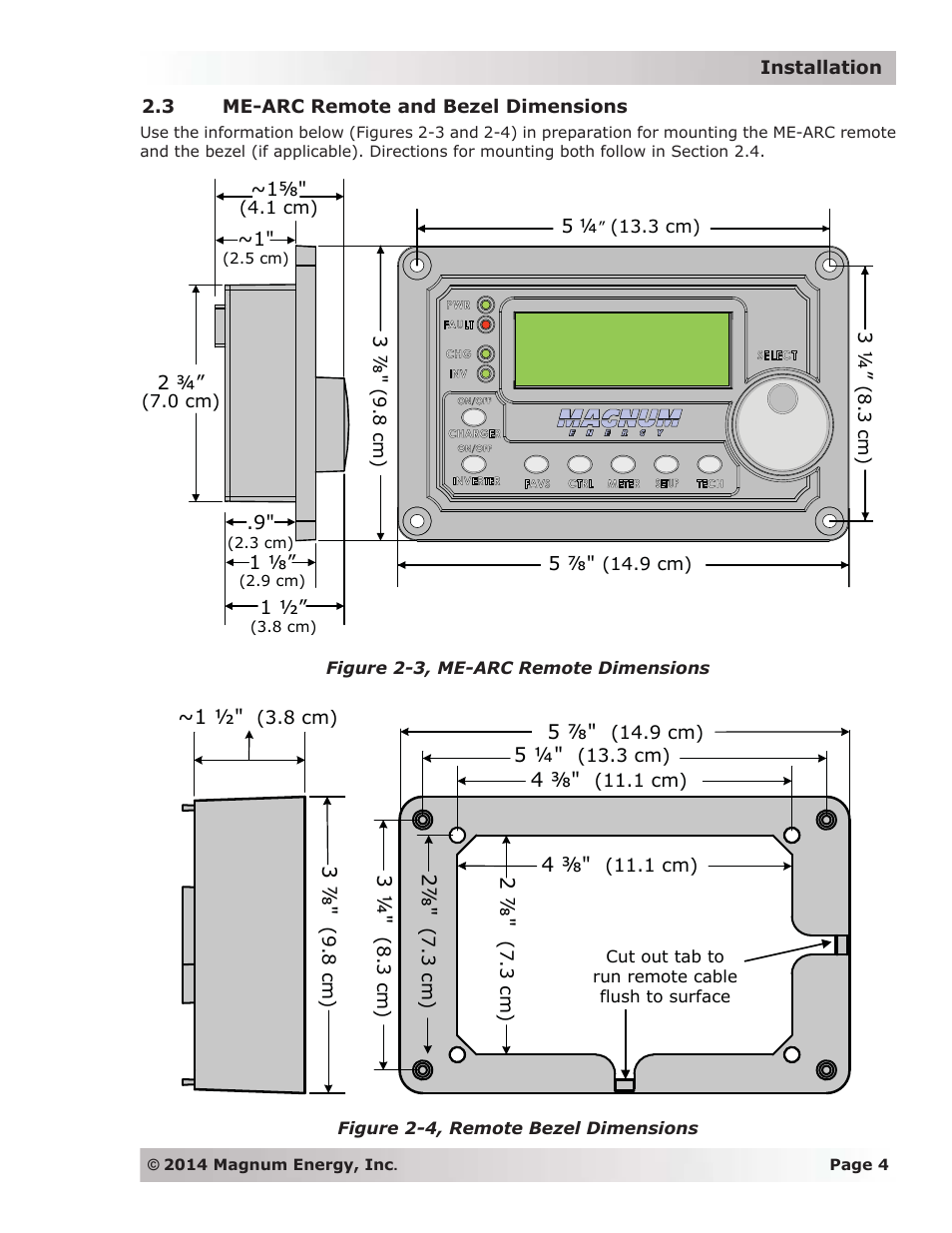 3 me-arc remote and bezel dimensions | Magnum Energy ME-ARC Remote User Manual | Page 11 / 139