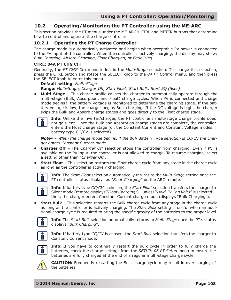 1 operating the pt charge controller | Magnum Energy ME-ARC Remote User Manual | Page 115 / 139