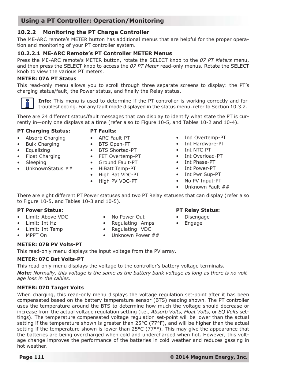 2 monitoring the pt charge controller, 1 me-arc remote’s pt controller meter menus | Magnum Energy ME-ARC Remote User Manual | Page 118 / 139