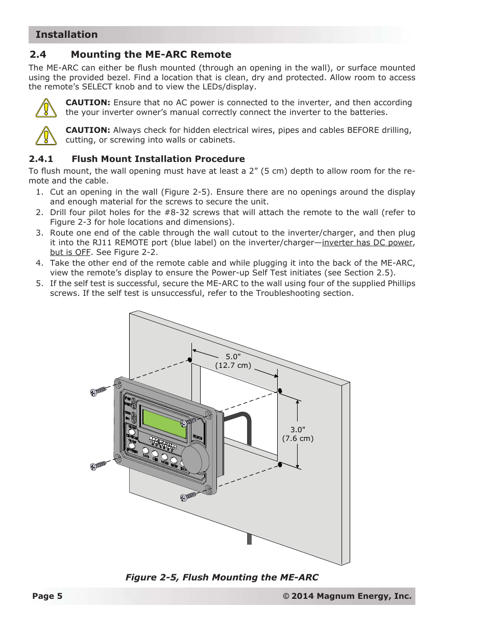 4 mounting the me-arc remote, 1 flush mount installation procedure | Magnum Energy ME-ARC Remote User Manual | Page 12 / 139