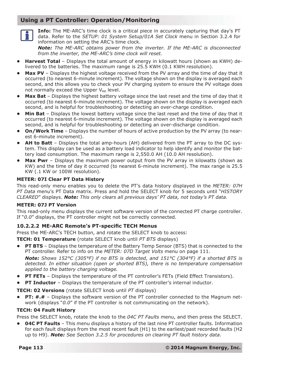 2 me-arc remote’s pt-specifi c tech menus | Magnum Energy ME-ARC Remote User Manual | Page 120 / 139