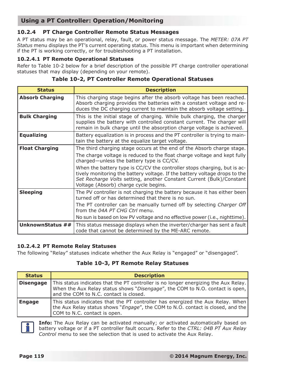 4 pt charge controller remote status messages, 1 pt remote operational statuses, 2 pt remote relay statuses | Magnum Energy ME-ARC Remote User Manual | Page 126 / 139