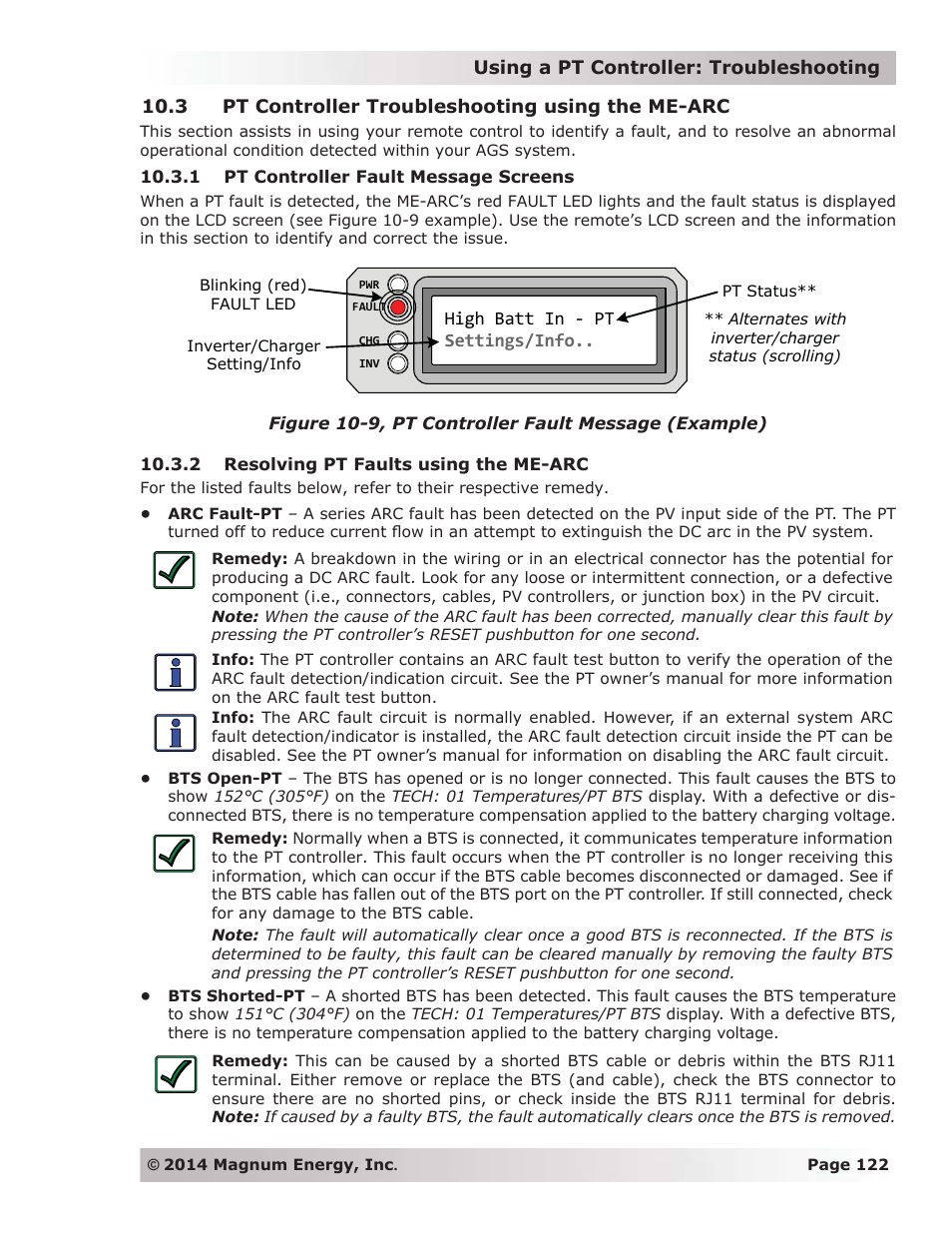 3 pt controller troubleshooting using the me-arc, 1 pt controller fault message screens, 2 resolving pt faults using the me-arc | Magnum Energy ME-ARC Remote User Manual | Page 129 / 139