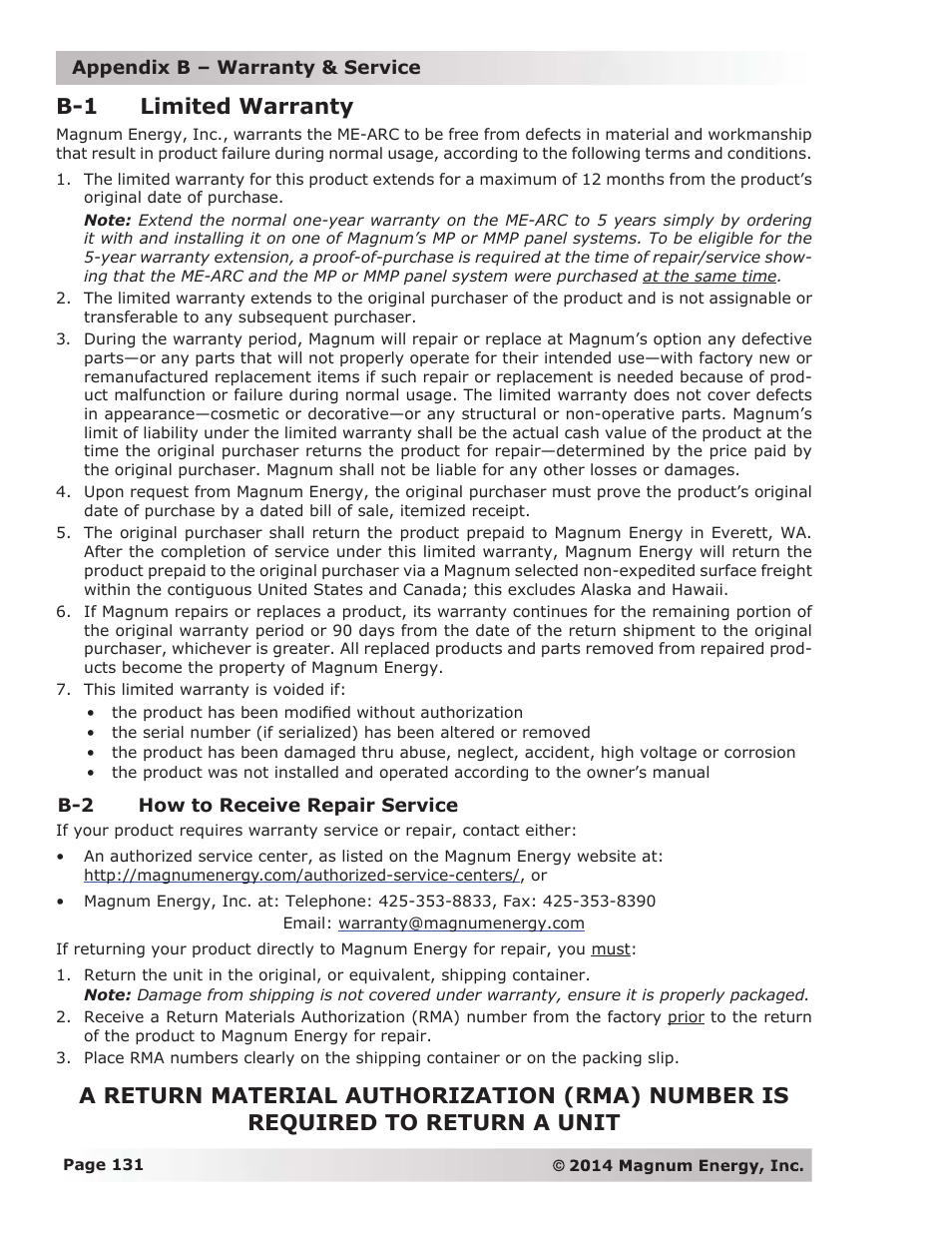 B-1 limited warranty, B-2 how to receive repair service | Magnum Energy ME-ARC Remote User Manual | Page 138 / 139