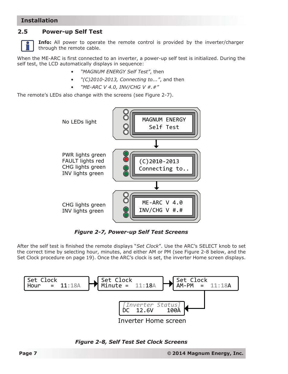 5 power-up self test, Magnum energy self test, Me-arc v 4.0 inv/chg v | Magnum Energy ME-ARC Remote User Manual | Page 14 / 139