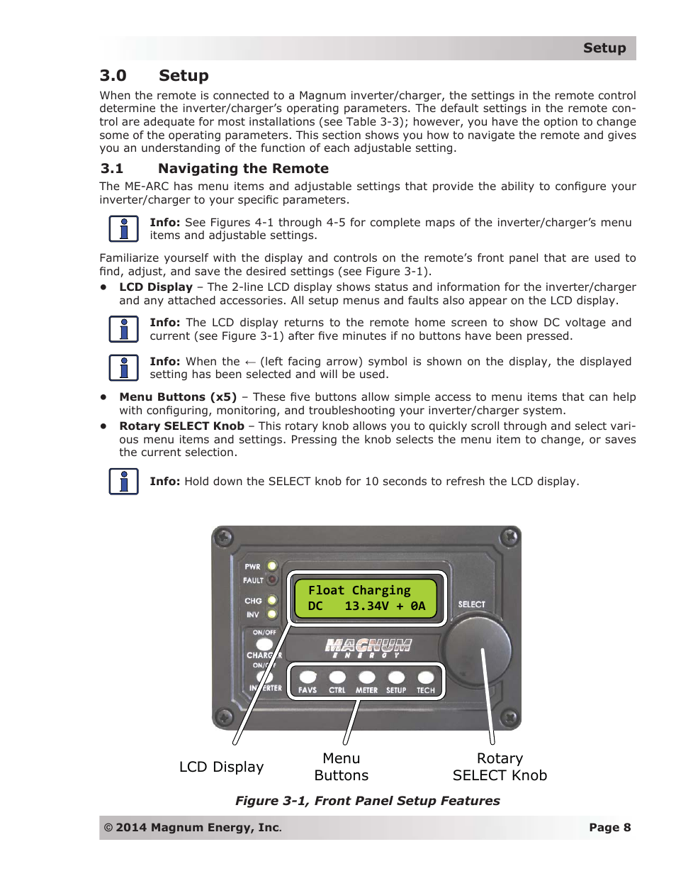 0 setup, 1 navigating the remote | Magnum Energy ME-ARC Remote User Manual | Page 15 / 139