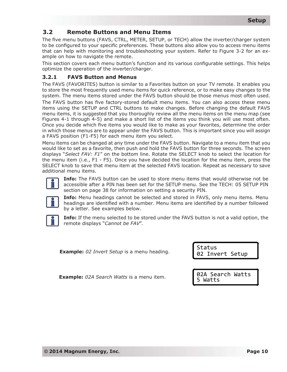 2 remote buttons and menu items, 1 favs button and menus | Magnum Energy ME-ARC Remote User Manual | Page 17 / 139