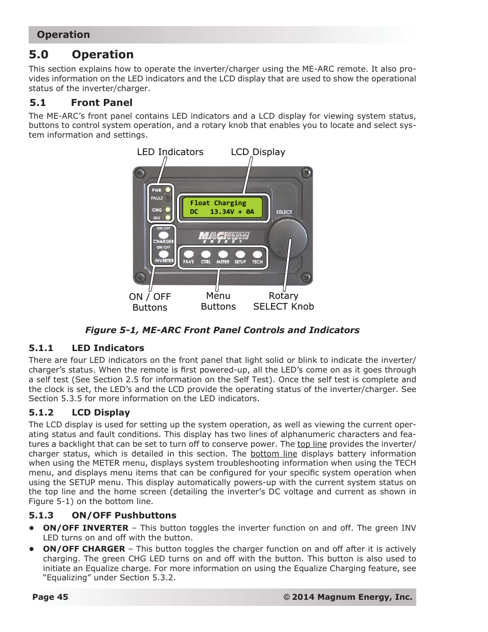 0 operation, 1 front panel, 1 led indicators | 2 lcd display, 3 on/off pushbuttons | Magnum Energy ME-ARC Remote User Manual | Page 52 / 139