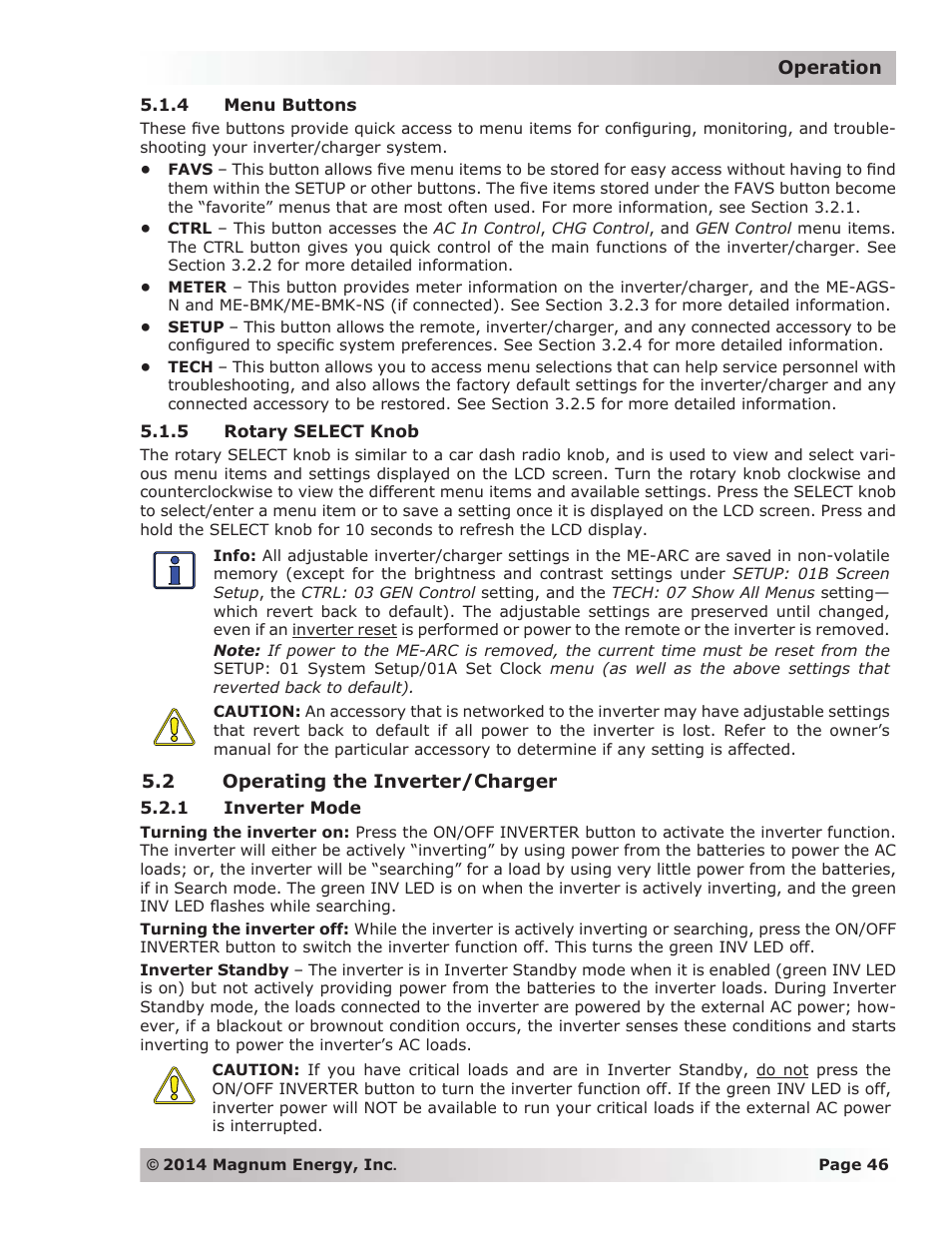 4 menu buttons, 5 rotary select knob, 2 operating the inverter/charger | 1 inverter mode | Magnum Energy ME-ARC Remote User Manual | Page 53 / 139