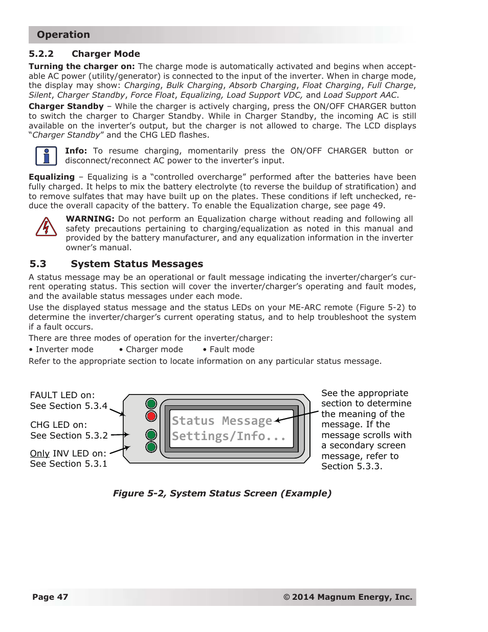 2 charger mode, 3 system status messages, Status message settings/info | Magnum Energy ME-ARC Remote User Manual | Page 54 / 139