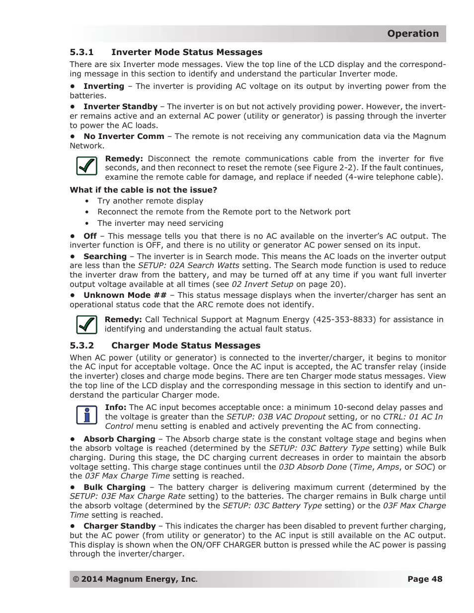1 inverter mode status messages, 2 charger mode status messages | Magnum Energy ME-ARC Remote User Manual | Page 55 / 139