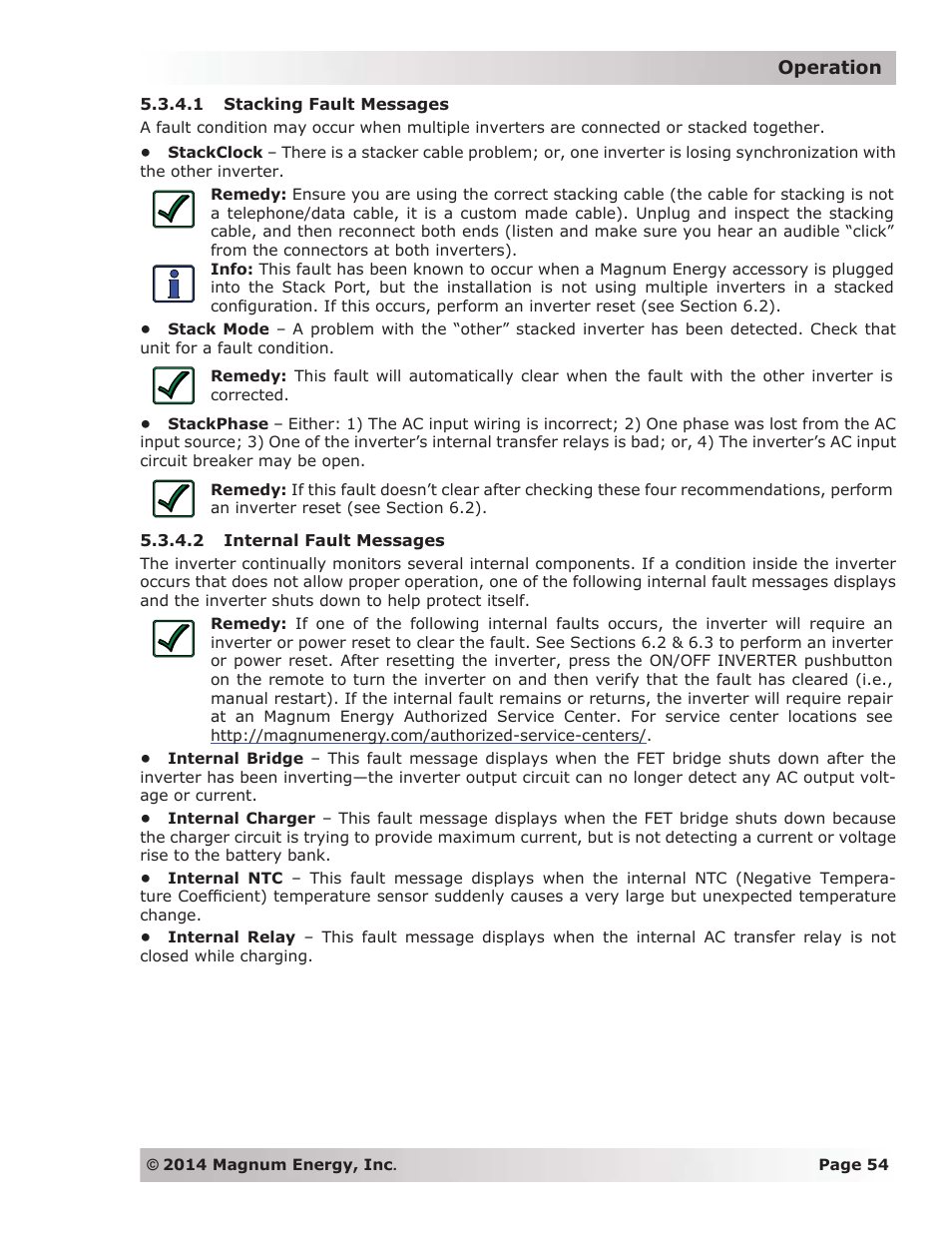1 stacking fault messages, 2 internal fault messages | Magnum Energy ME-ARC Remote User Manual | Page 61 / 139