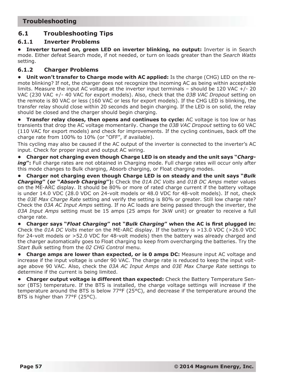 1 troubleshooting tips, 1 inverter problems, 2 charger problems | Magnum Energy ME-ARC Remote User Manual | Page 64 / 139